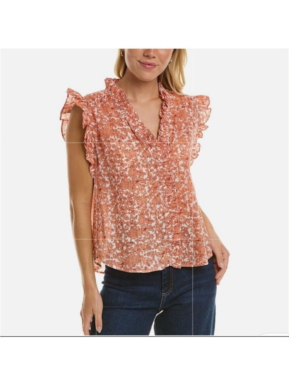 ELAN Ruffle Trim Top, Salmon Santa Fe, Ruffle trim, Feminine, Coastal sz XS